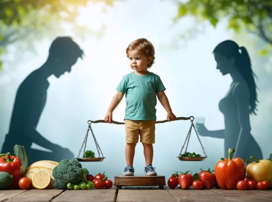 A conceptual illustration of a child on a balance scale with a silhouette representing mental health, surrounded by supportive elements like family, friends, and healthy foods.