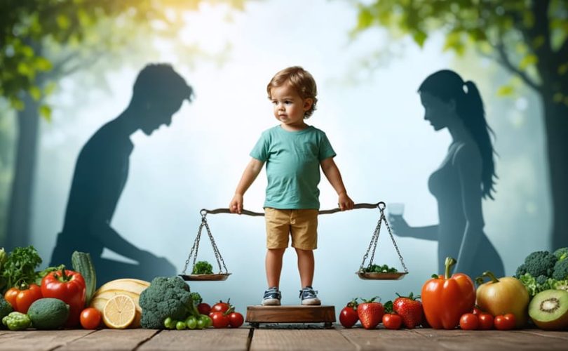 A conceptual illustration of a child on a balance scale with a silhouette representing mental health, surrounded by supportive elements like family, friends, and healthy foods.