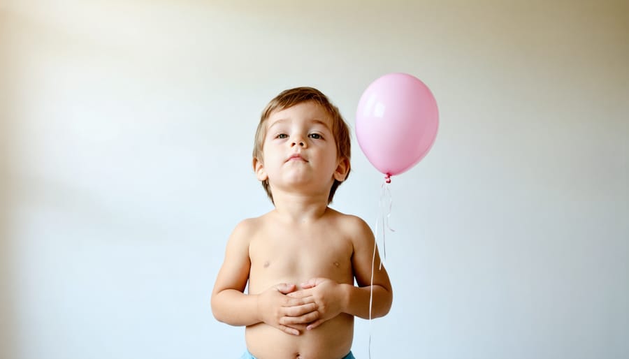 Young child sitting cross-legged, practicing balloon breathing exercise with hands on stomach