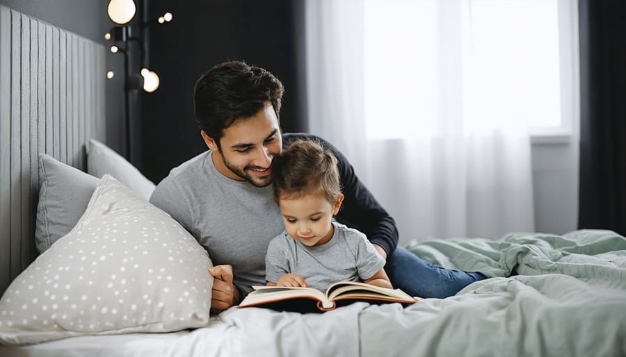 Parent and child following a bedtime routine with story time and warm lighting