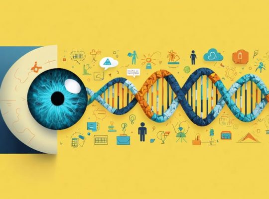 Conceptual illustration showing a three-dimensional lens incorporating biological, psychological, and social factors, featuring a DNA strand, thought bubble, and family/school icons, representing the biopsychosocial model in child mental health.