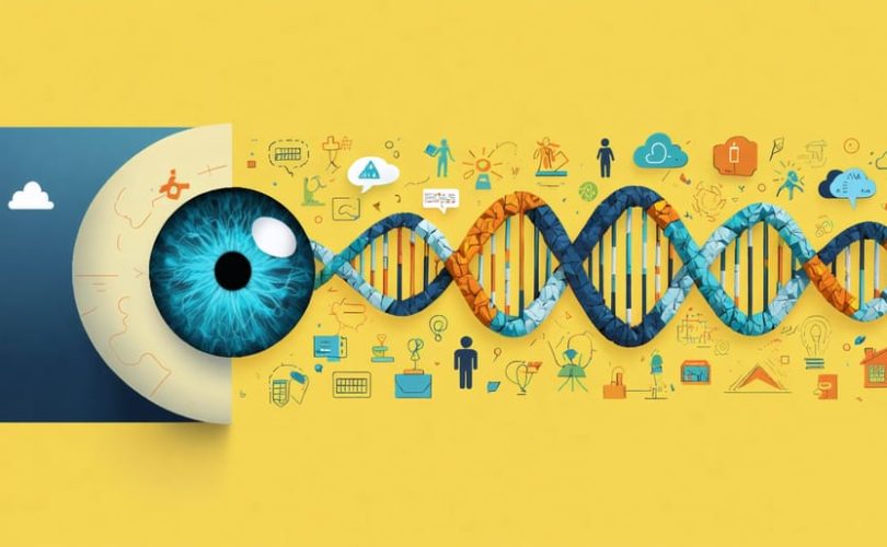 Conceptual illustration showing a three-dimensional lens incorporating biological, psychological, and social factors, featuring a DNA strand, thought bubble, and family/school icons, representing the biopsychosocial model in child mental health.