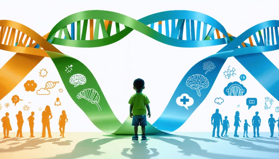 Illustration representing the biopsychosocial model in child mental health, featuring a child surrounded by intertwining ribbons showing biological, psychological, and social factors with relevant icons.