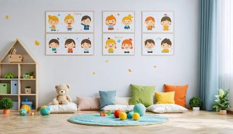 A cozy calm-down corner for preschoolers with soft cushions, emotion charts, a comfort toy, and calming sensory tools designed to support emotional regulation.