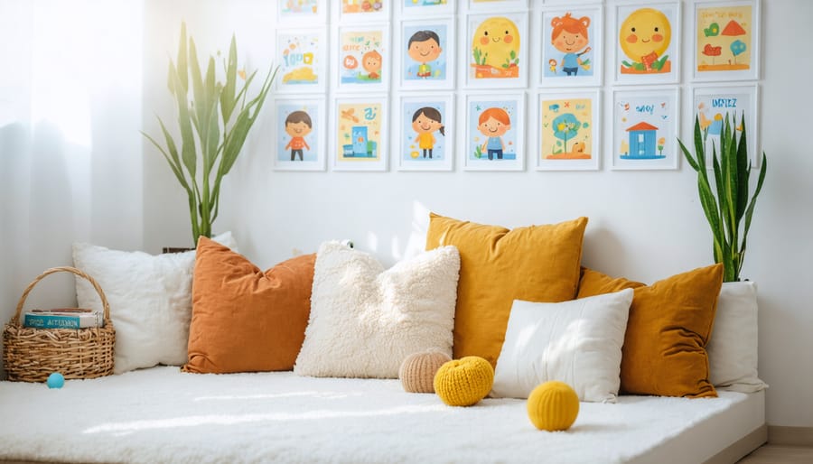 Child-friendly calm-down corner with comfort items and emotional support tools