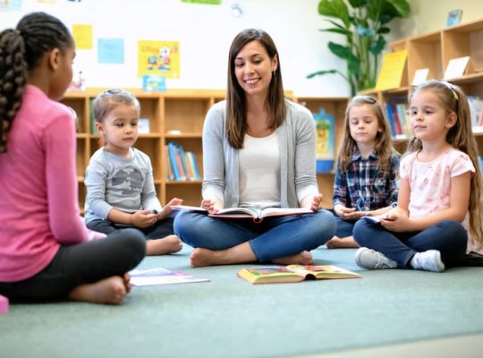 A diverse group of students practicing mindfulness exercises in a well-lit classroom with a cozy reading corner, soft lighting, and a quiet space for stress relief.