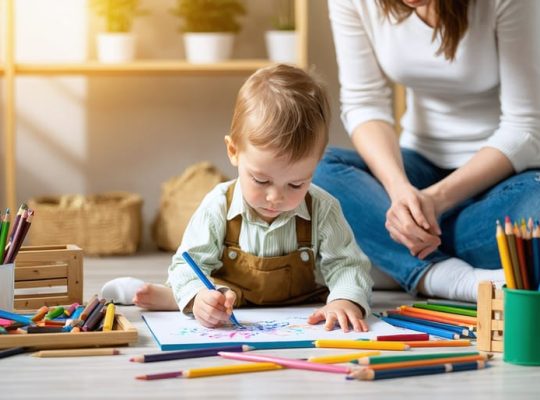 A child deeply engaged in drawing during an art therapy session, accompanied by a supportive therapist, conveying a safe space for emotional expression.