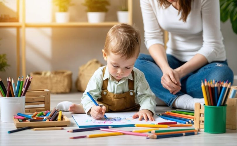 A child deeply engaged in drawing during an art therapy session, accompanied by a supportive therapist, conveying a safe space for emotional expression.