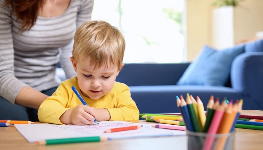 Young child engaged in art therapy session with a professional therapist