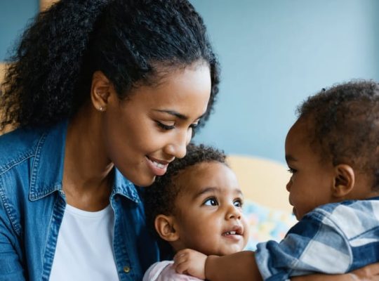 Professional social worker sitting at a young child's eye level, offering a supportive and understanding presence in a safe environment, symbolizing intervention and stability during a crisis.