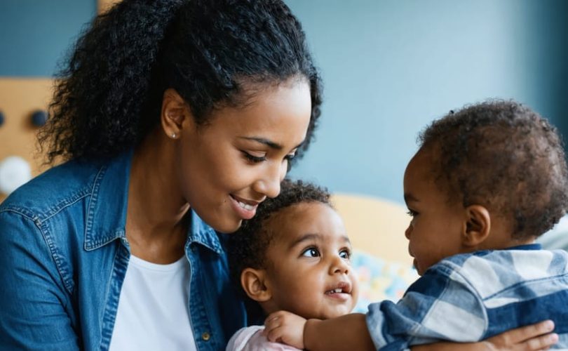 Professional social worker sitting at a young child's eye level, offering a supportive and understanding presence in a safe environment, symbolizing intervention and stability during a crisis.