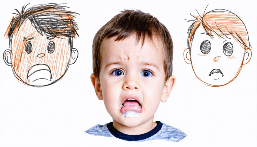 Children's artwork depicting different emotional states through simple face drawings