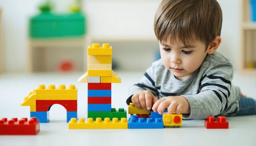 Young child carefully stacking colored blocks while practicing hand-eye coordination