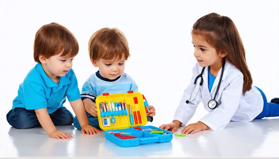 Two children playing doctor and patient, with one child using a toy stethoscope on the other