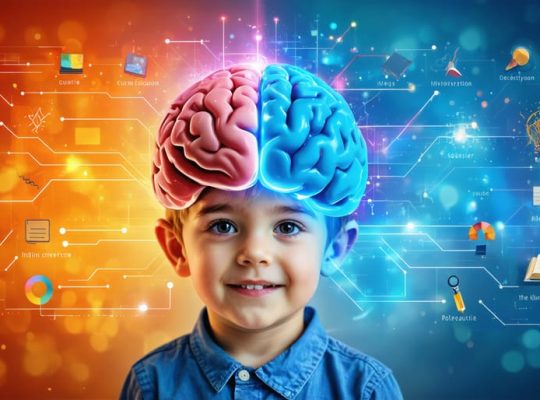 Conceptual illustration of a child's brain with colorful pathways connecting to eyes, depicting the nine elements of visual perception and their influence on learning and mental health.