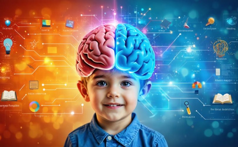 Conceptual illustration of a child's brain with colorful pathways connecting to eyes, depicting the nine elements of visual perception and their influence on learning and mental health.