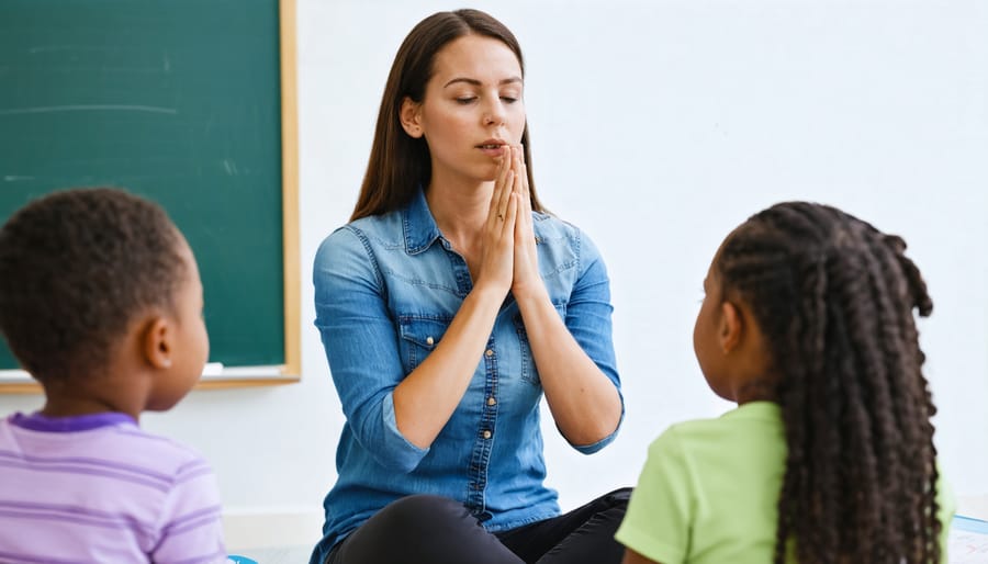 Elementary school teacher guiding students through calming breathing techniques in a classroom setting