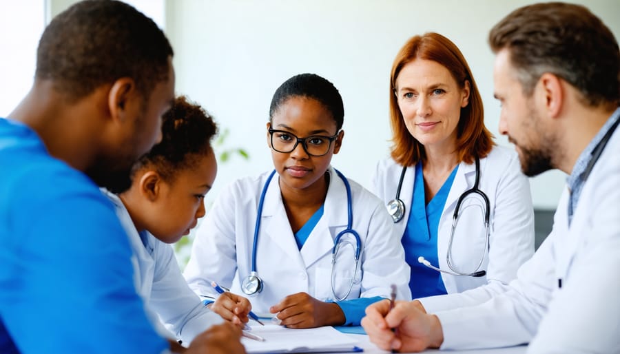 Multi-disciplinary healthcare team collaborating at a meeting table discussing children's mental health cases