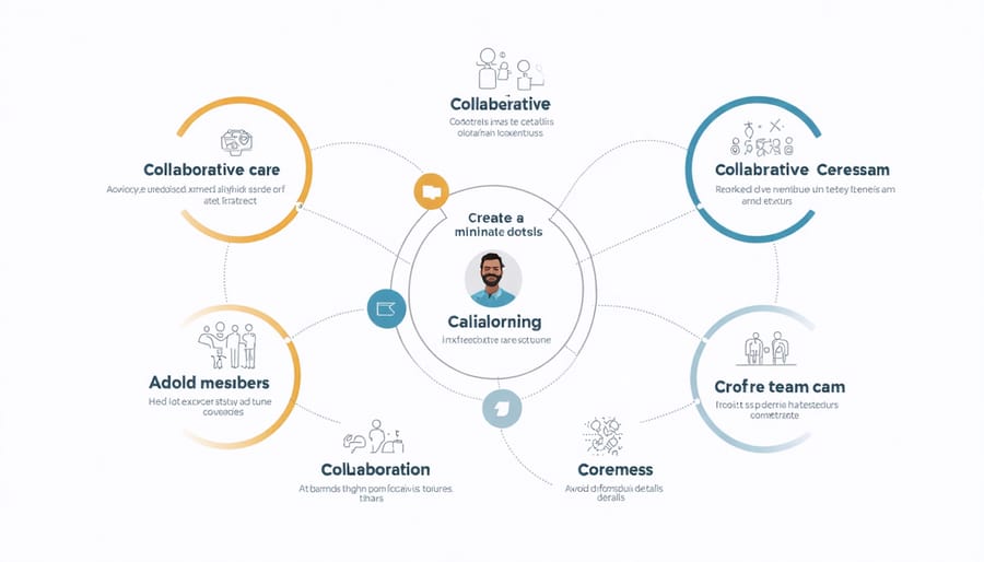 Circular diagram showing relationships between care team members including doctors, specialists, families, and coordinators