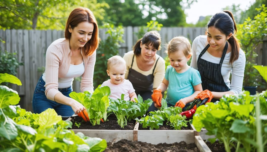 Multi-generational families working together in a community garden, planting vegetables and flowers