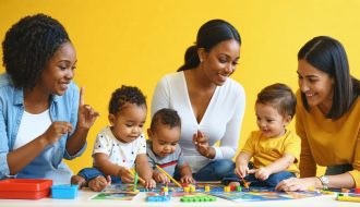 Diverse children and adults participating in community support activities for the deaf, learning sign language, and engaging in educational and counseling sessions.