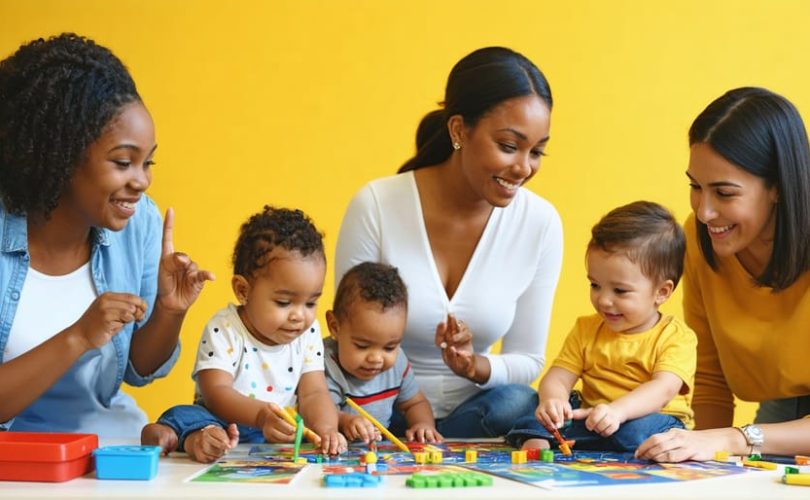 Diverse children and adults participating in community support activities for the deaf, learning sign language, and engaging in educational and counseling sessions.