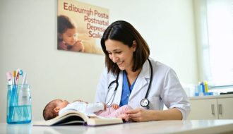 A healthcare provider compassionately explaining the Edinburgh Postnatal Depression Scale to a new mother in a supportive clinic setting.