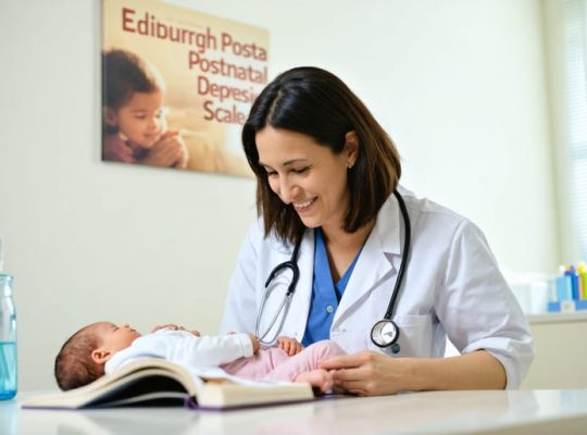 A healthcare provider compassionately explaining the Edinburgh Postnatal Depression Scale to a new mother in a supportive clinic setting.