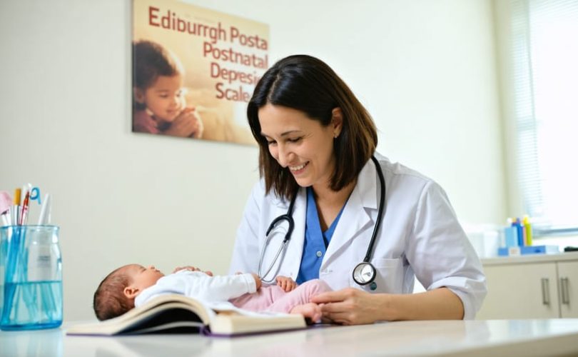 A healthcare provider compassionately explaining the Edinburgh Postnatal Depression Scale to a new mother in a supportive clinic setting.