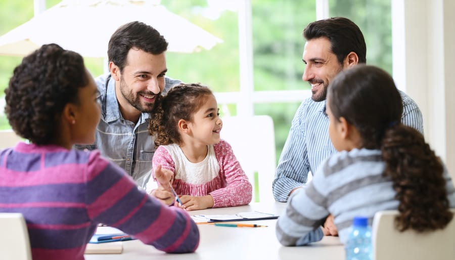 Social worker reviewing safety plan with family members in an office setting