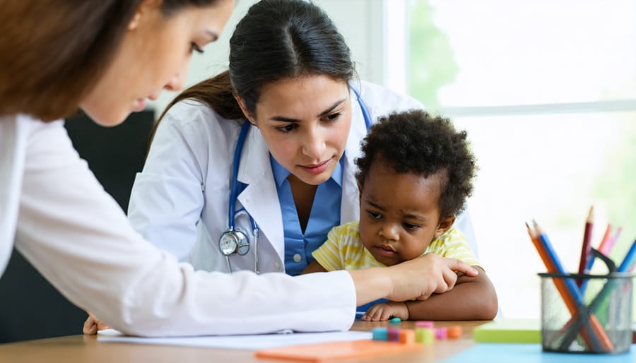 Professional social worker sitting at child's eye level while communicating with a young person in a supportive environment