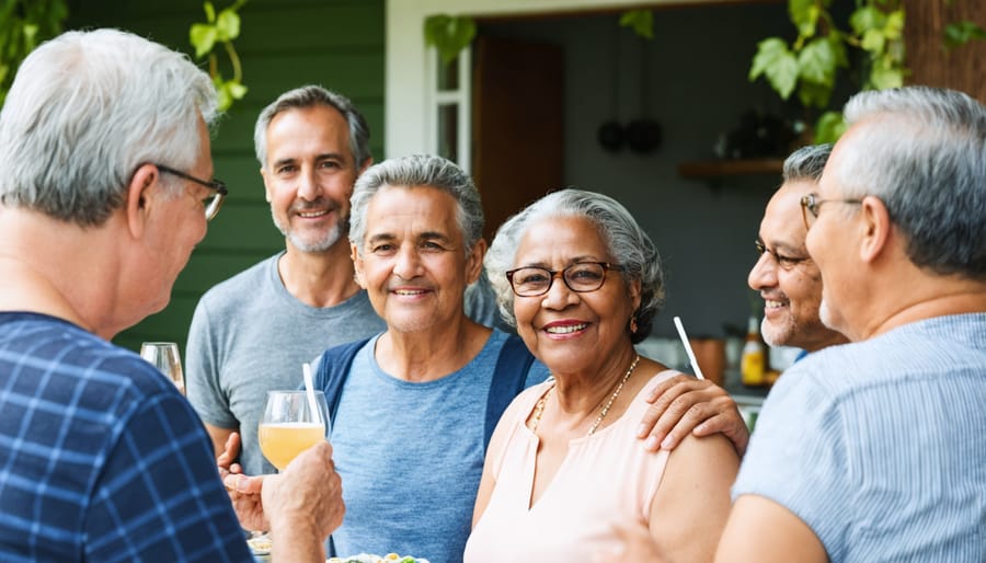 Diverse group of deaf people of all ages socializing and signing at a community event