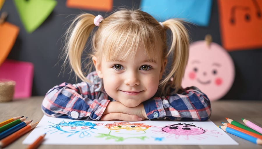 Six-year-old drawing emotional expressions with crayons in a feelings journal