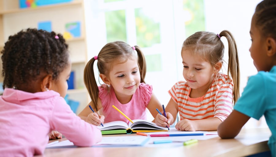 Children working together on an emotional recognition game or activity