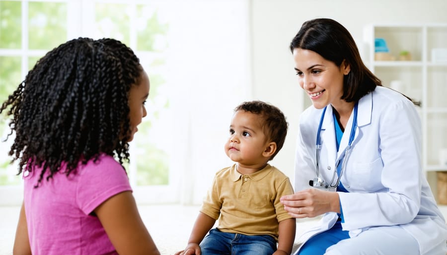 Healthcare provider discussing treatment plan with parents while child plays nearby