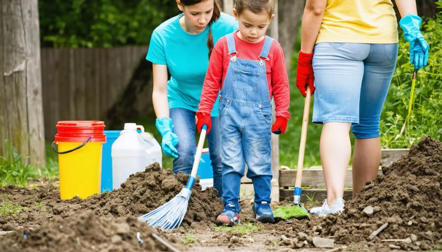 Parents and children working together picking up litter in a park while wearing volunteer t-shirts