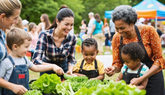 Diverse families engaging in a lively community festival with gardening, games, and food sharing, symbolizing joy and collaboration.