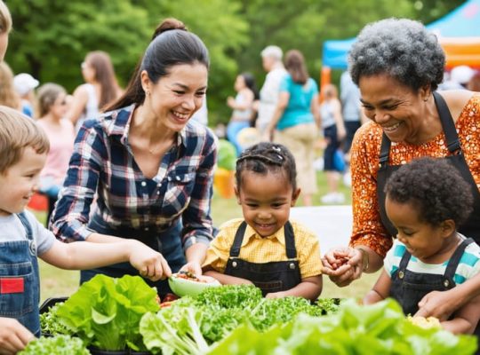 Diverse families engaging in a lively community festival with gardening, games, and food sharing, symbolizing joy and collaboration.