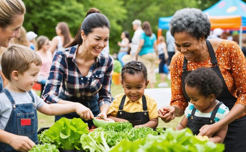 Diverse families engaging in a lively community festival with gardening, games, and food sharing, symbolizing joy and collaboration.