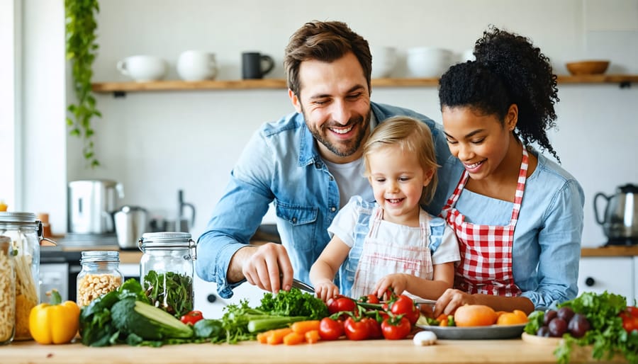 Family working together in kitchen to prepare healthy meals, smiling and engaging with each other