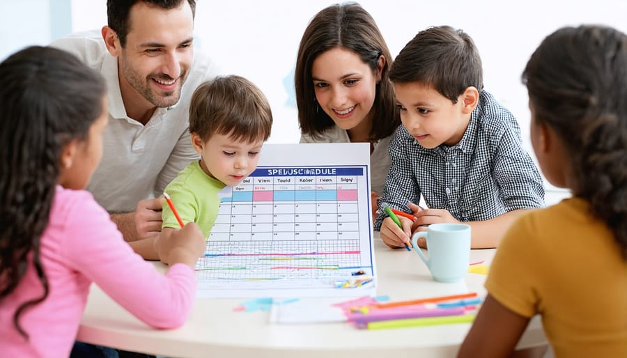 Family working together on a weekly media planning chart showing diverse activities