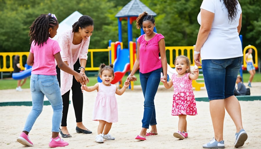 Multiple families socializing and building connections at a community gathering