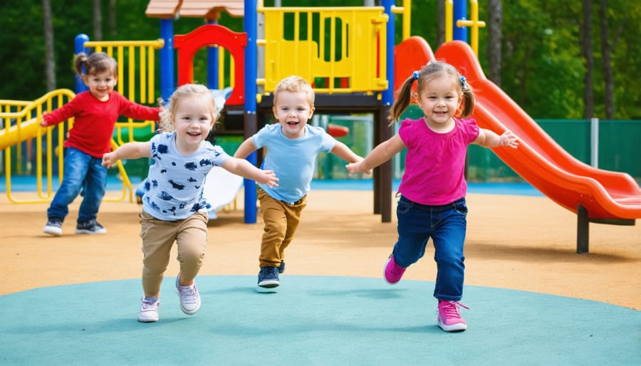 Diverse group of children playing and laughing together at a playground, demonstrating inclusive social interaction