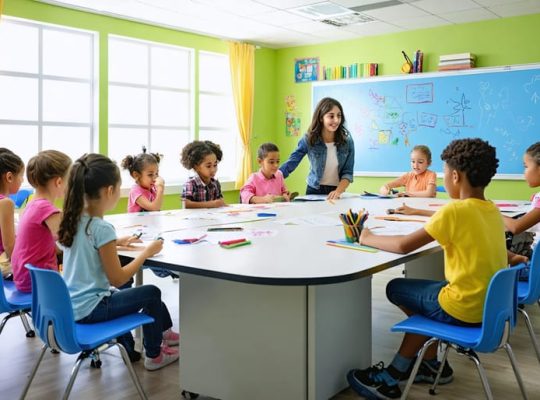 An inclusive classroom scene with diverse students collaborating on a project, featuring flexible seating and calm lighting that supports both academic learning and mental well-being.