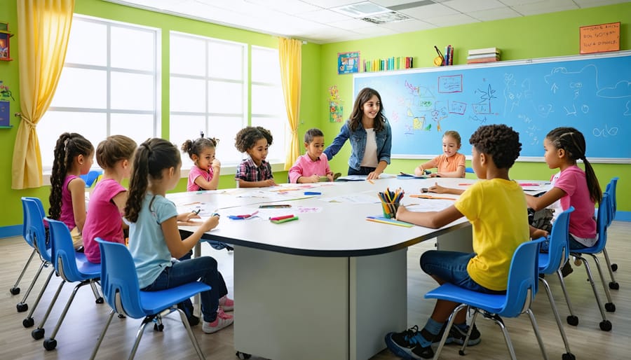 An inclusive classroom scene with diverse students collaborating on a project, featuring flexible seating and calm lighting that supports both academic learning and mental well-being.