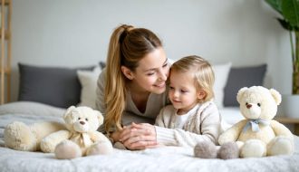 A parent providing compassionate support to a child in distress in a calming, safe environment, emphasizing the importance of nurturing during a mental health crisis.