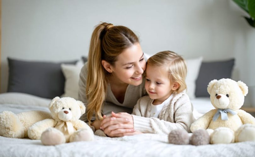 A parent providing compassionate support to a child in distress in a calming, safe environment, emphasizing the importance of nurturing during a mental health crisis.