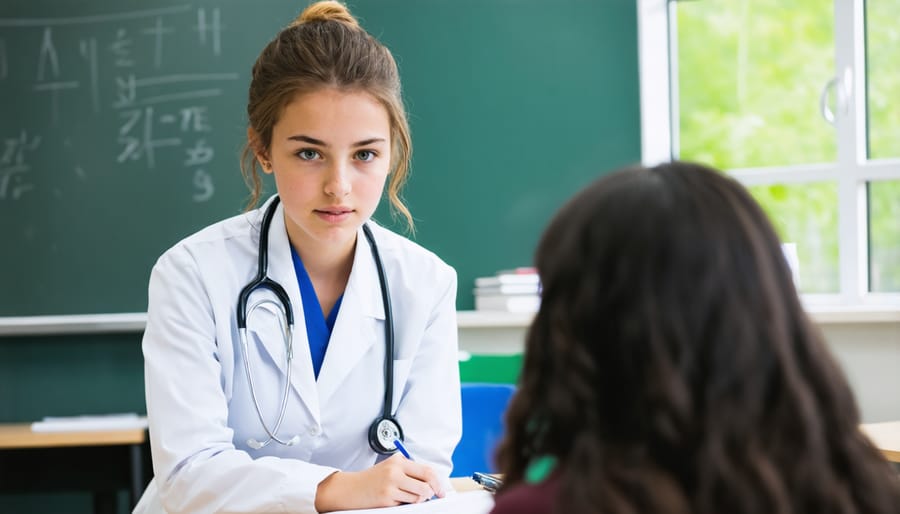 Professional conducting mental health screening with middle school student in a comfortable office setting