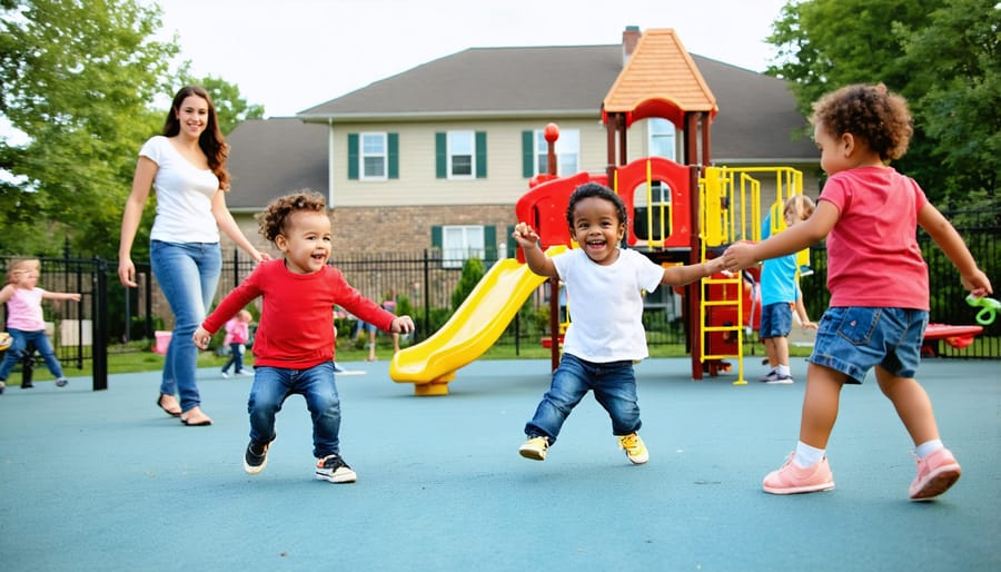 Children playing on playground equipment with parents engaged in conversation in the background