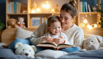 A parent reading a bedtime story to their child in a warmly lit, cozy bedroom, depicting a sense of security and routine.